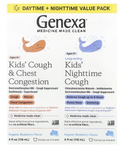 Genexa, Kids' Cough & Chest Congestion Ages 4+, Kids' Nighttime Cough Ages 6+, Organic Blueberry, 2 Pack, 4 fl oz (118 ml) Each