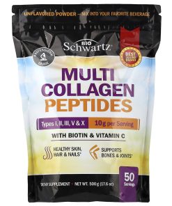 BioSchwartz, Multi Collagen Peptides Powder, Types I, II, III, V & X, With Biotin & Vitamin C, Unflavored, 17.6 oz (500 g)