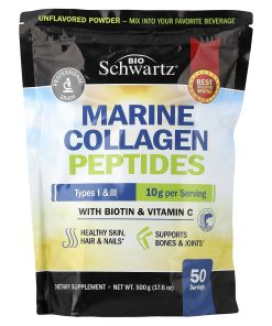 BioSchwartz, Marine Collagen Peptides Powder, Types I & III, With Biotin & Vitamin C, Unflavored, 17.6 oz (500 g)