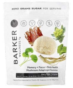 Barker Wellness Co, Mushroom Adaptogen Gummies, Passion Fruit Watermelon Punch, 60 Gummies