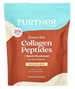 Further Food, Grass-Fed Collagen Peptides + Reishi Mushroom, Chocolate, 12 Packets, 0.81 oz (23 g) Each