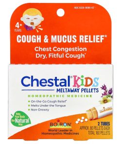 Boiron, Chestal Kids Meltaway Pellets, Cough & Mucus Relief, 4+ Years, 2 Tubes, Approx. 80 Pellets Each