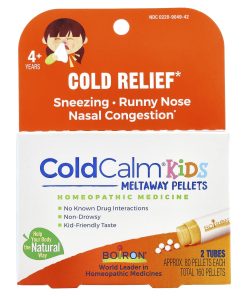 Boiron, ColdCalm® Kids Meltaway Pellets, 4+ Years, 2 Tubes, Approx. 80 Pellets Each