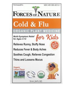 Forces of Nature, Organic Plant Medicine, Cold & Flu, For Kids Ages 3-12, Lemon, 0.34 fl oz (10 ml)